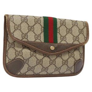 GUCCI GG Supreme Web Sherry Line Pouch PVC Beige Green Red
